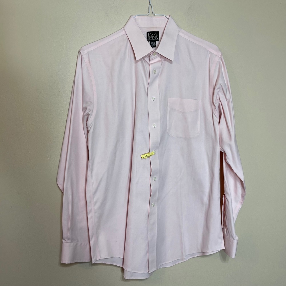 Jos A‎ Bank Travelers Collection Mens 16.5 35 Slim Fit Pink Cotton Dress Shirt